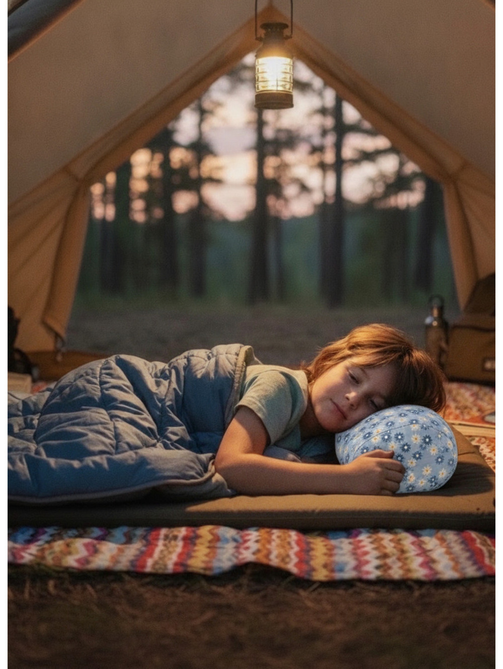 Camping Pillow- Blue with White and Blue Daisies